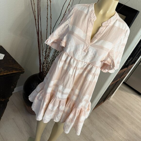 PEARL & CAVIAR Baby Doll Dress soft pink and white wide stripes / ruffled accent - Picture 1 of 7